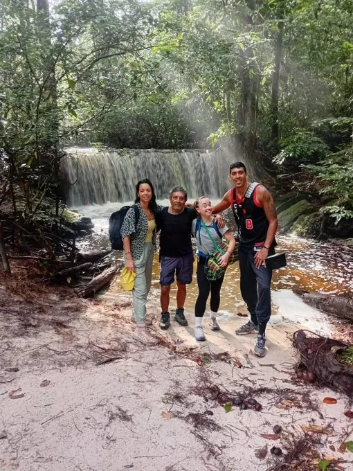 The expedition team pausing beside an Amazon waterway