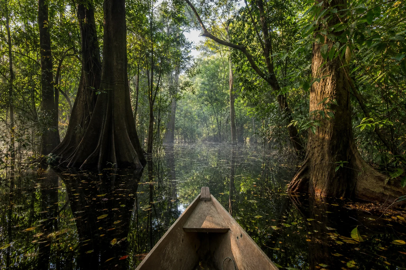 View from a canoe entering the seasonally flooded Amazon forest