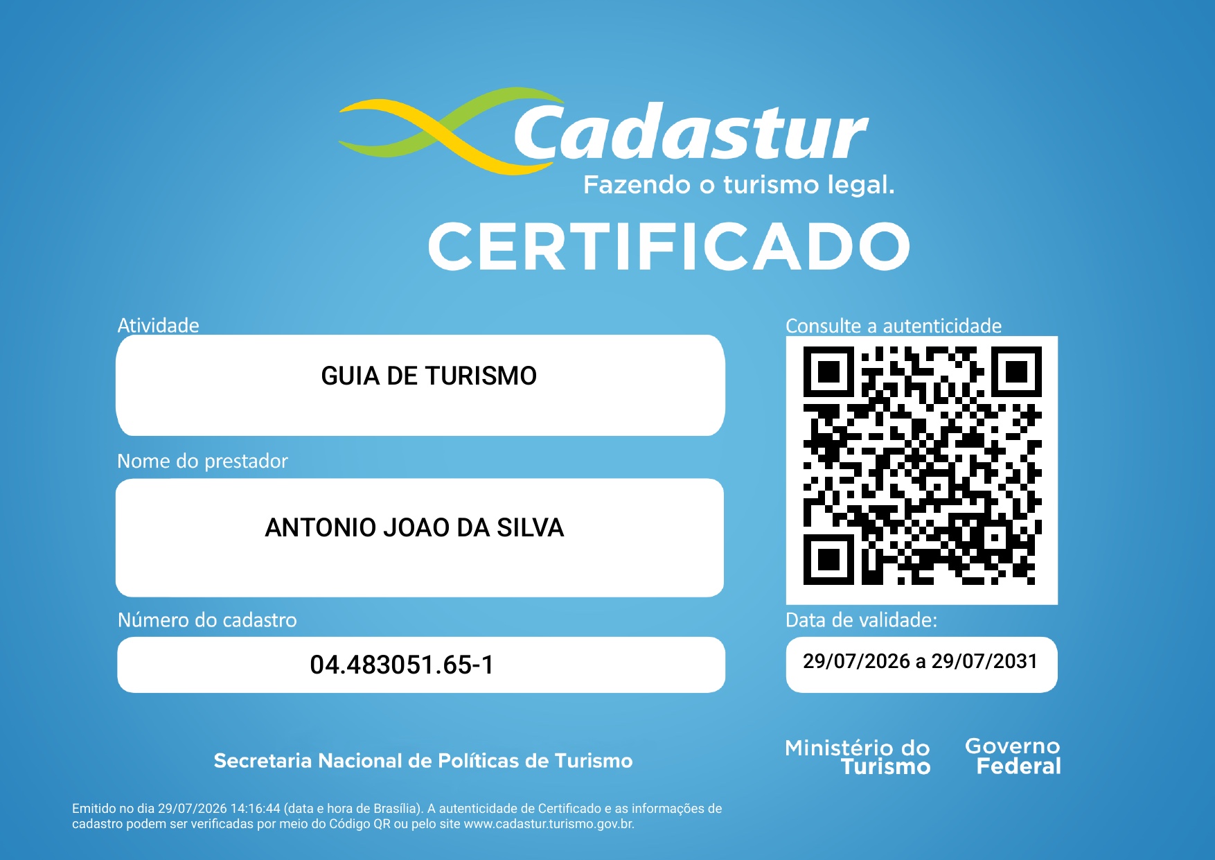 Antonio’s official Cadastur certificate issued by Brazil’s Ministry of Tourism