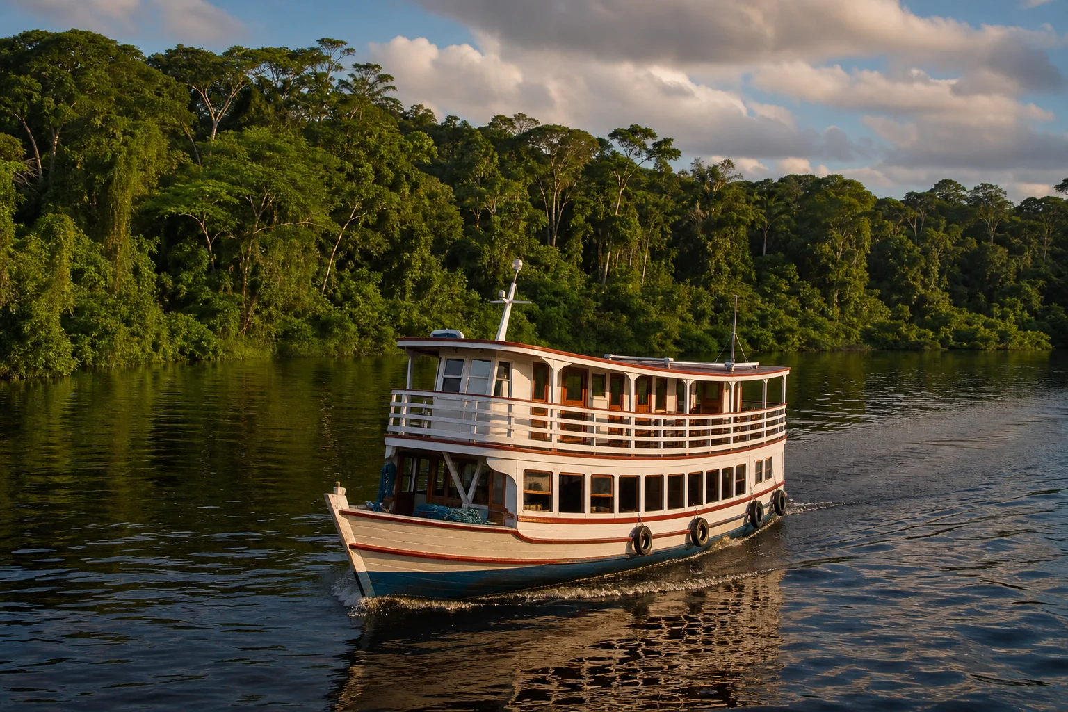 Traditional two-deck regional boat cruising the Rio Negro beside the rainforest